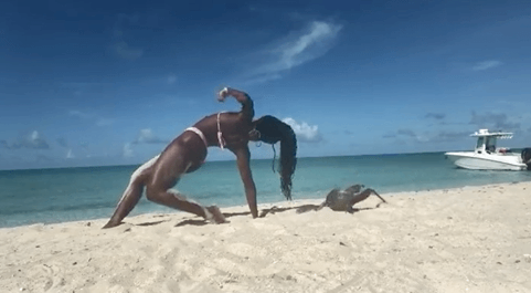 [영상]해변서 요가하던 비키니 여성, 이구아나에 손가락 물려 ‘화들짝’